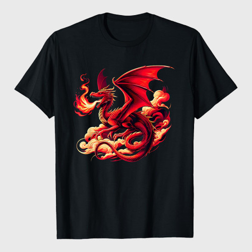 Mythical Red Dragon Breathes Fire On Clouds T-Shirt