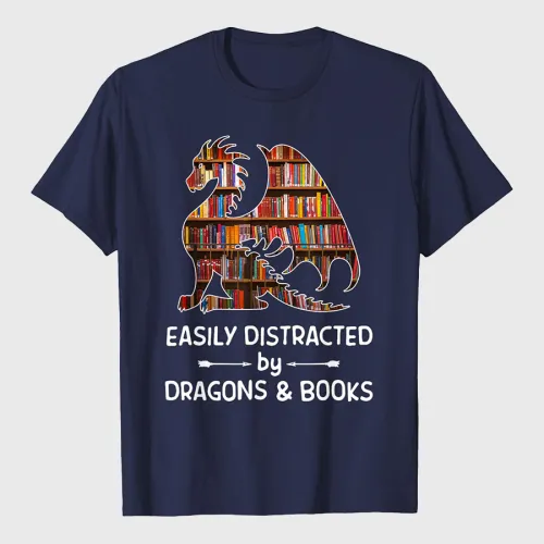 Easily Distracted By Dragon And Books Nerds T-Shirt