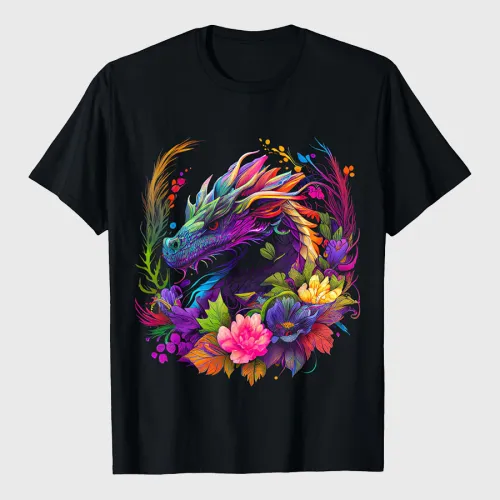 Watercolor Dragon Flowers Beautiful Art Colorful Graphic T-Shirt