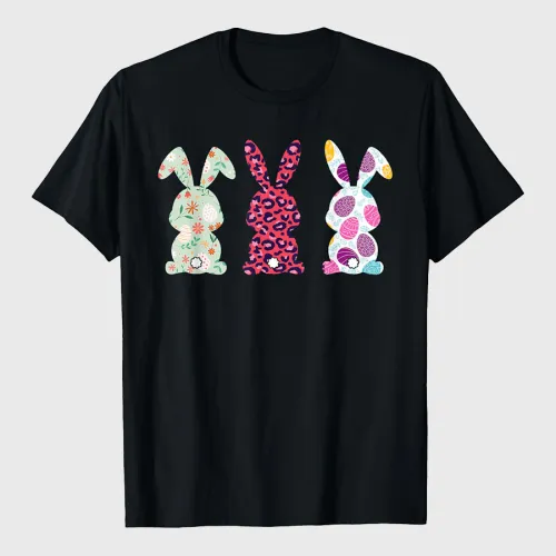 Cute Pink Leopard Eggs Flower Happy Easter Bunny Rabbit T-Shirt