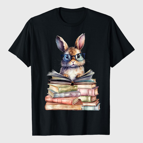 Cute Reading Bunny With Glasses Books Bookworm Reader Book T-Shirt