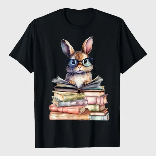 Cute Reading Bunny With Glasses Books Bookworm Reader Book T-Shirt