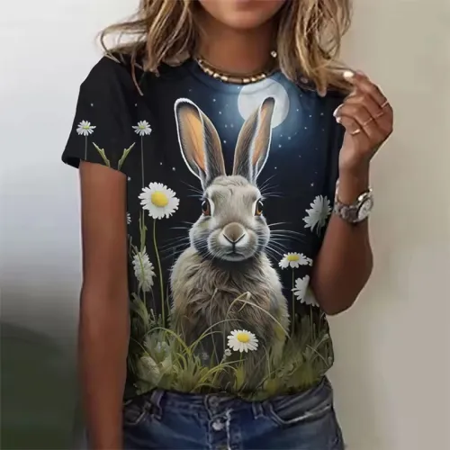 Womens Floral Rabbit Bunny Graphic T-Shirt