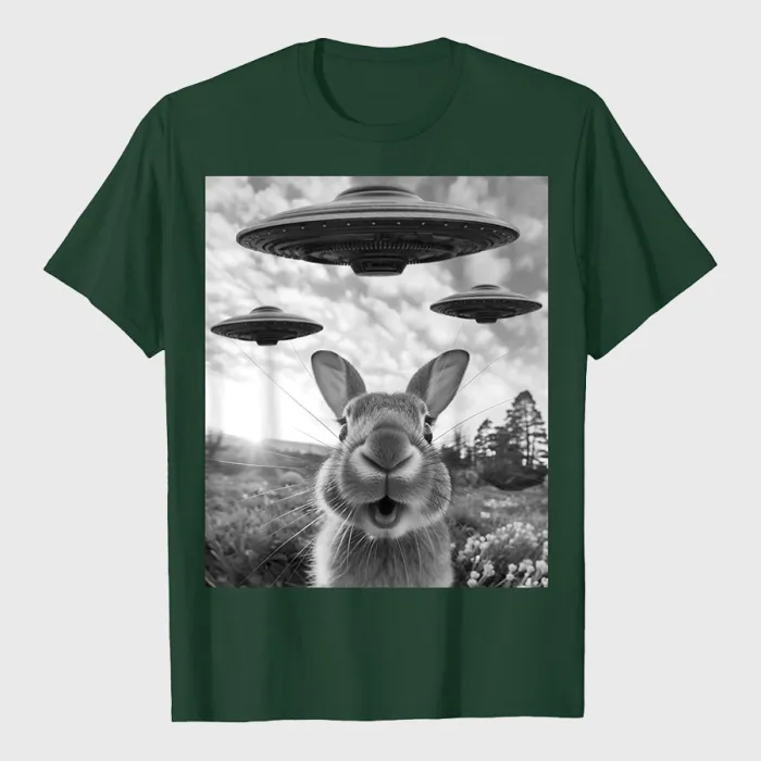 Rabbit Selfie With UFOs Vintage Alien Rabbit T-Shirt