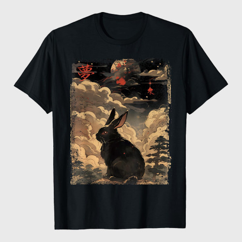 Vintage Japanese Scenery Cute Rabbit Kanji Japan Graphic Art T-Shirt