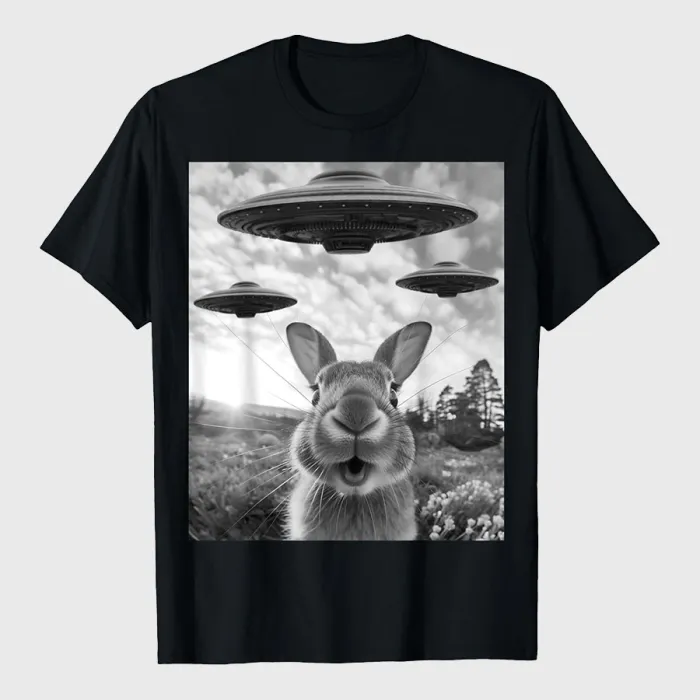 Rabbit Selfie With UFOs Vintage Alien Rabbit T-Shirt