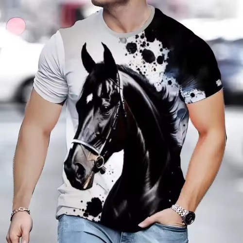 Mens Black Horse Print T-Shirt