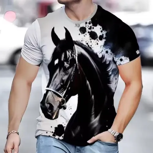 Mens Black Horse Print T-Shirt