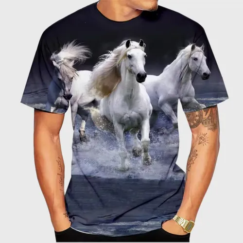 Galloping White Horse Print T-Shirt