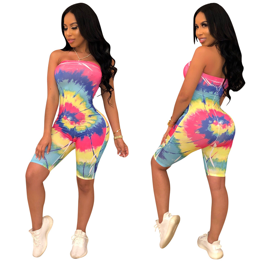 Women strapless print bodycon club party casual short jumpsuit with belt
