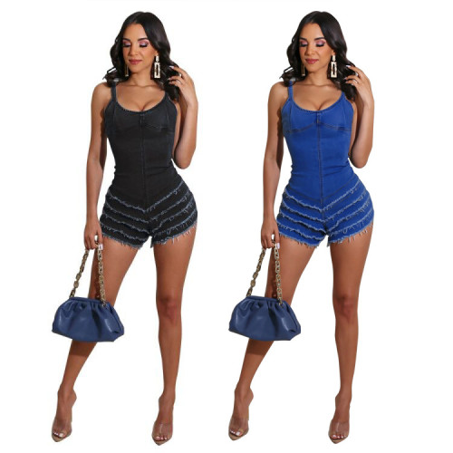 Women Fashion Sleeveless Solid Color Layered Zipper Bodycon Short Denim Jumpsuit