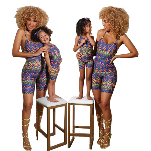 New Summer Family Matching Mother Daughter Colorful Wave Stripe Print Jumpsuit
