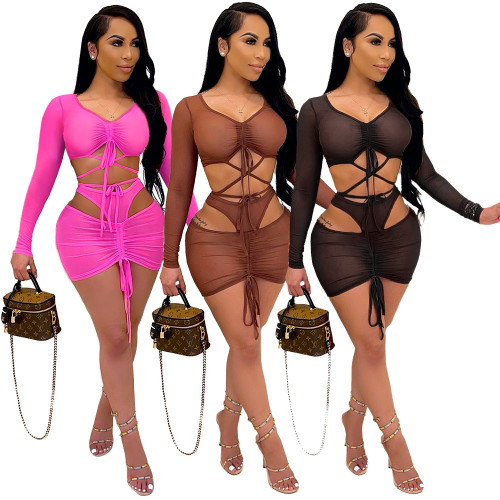 Women Long Sleeves Mesh Sheer Bodycon Club Party Bandage Skirts Set Two Piece