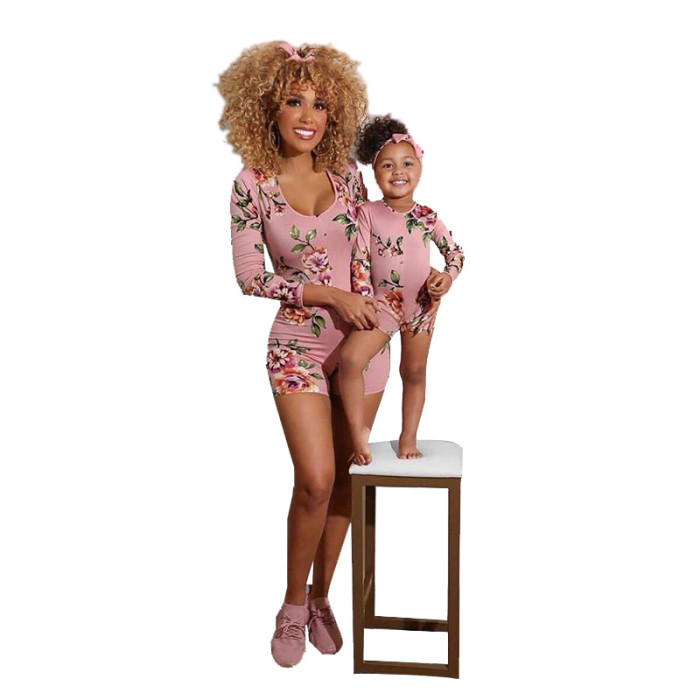Mother and Daughter Long Sleeve Floral Print Bodycon Short Jumpsuit Homewear