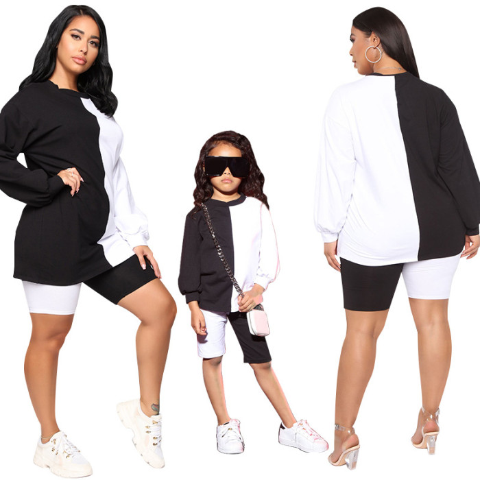 Family Matching Outfits Mother and Daughter Long Sleeve Color Block Outfits 2pcs