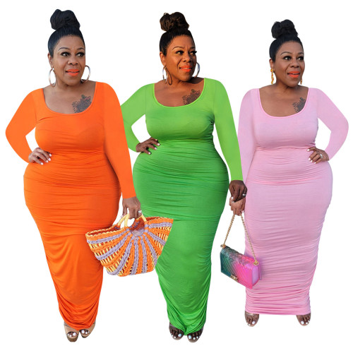 Plus Size Women Stylish Round Neck Long Sleeve Ruched Solid Color Bodycon Dress
