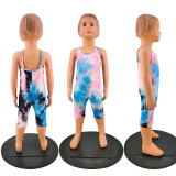 Mother and Daughter Spaghetti Strap Tie-dyed Print Backless Mask Crop Jumpsuit