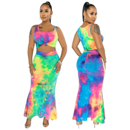 Women Sleeveless Vest Tie-dyed Print Slim Fishtail Skirt Set Sexy Dress 2pcs