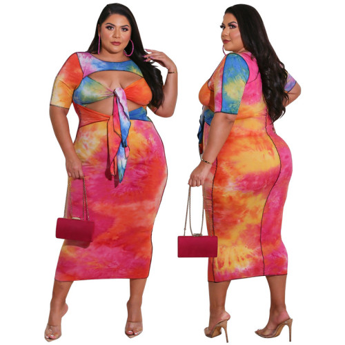 Plus Size Women Short Sleeve Tie Front Hollow Out Tie-dyed Print Bodycon Dress