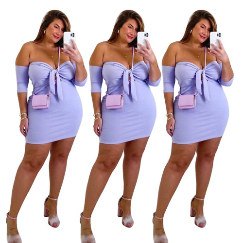 Plus Size Women's Sexy Boat Neck Short Sleeve Tie Solid Color Bodycon Dress