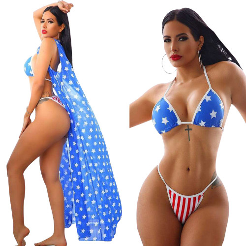 3PCS Women Sexy American Flag Print Halter Sleevelss Bikini Set Beach Swimsuit