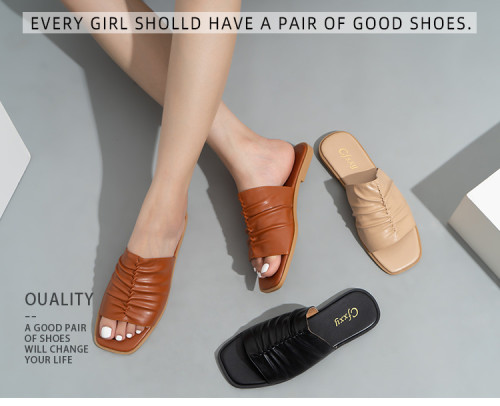 Trendy pleated open-toe comfortable soft bottom flat-heel handmade women's slippers