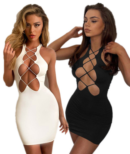（ebay price：$14.52）Sexy Women's Sleeveless Hollow Out Lace-up Solid Color Bodycon Pencil Dress