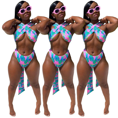 （ebay price：$18.74）Women Sexy Sleeveless Tie Up Printed Two Piece Bikini Swimsuit