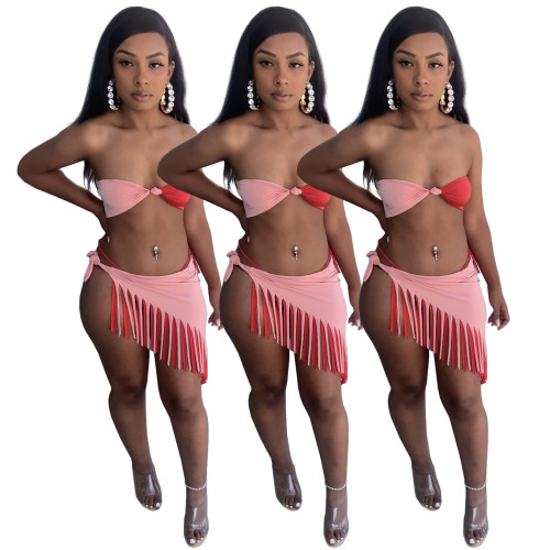 （ebay price：$19.84 ）Sexy Women Color Block Strapless Tie Bikini Set+Tasseled Skirt Swimsuit 3pcs