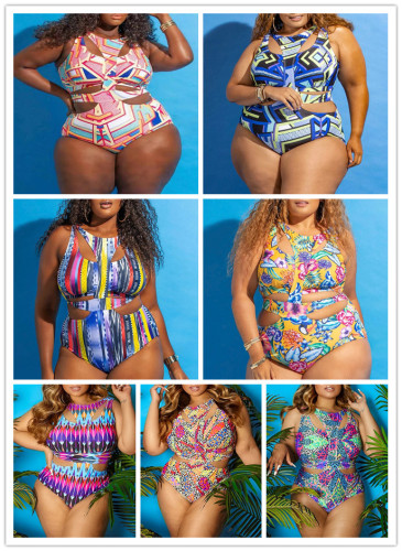 （ebay price：$19.47）Plus Size Women Sexy Sleeveless Padded Printed Hollow Out Bodycon Bikini Beach