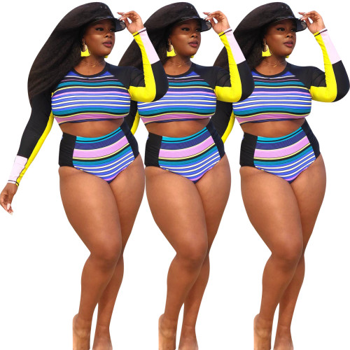 （ebay price：$19）Plus Size Women Long Sleeve Crop Top Stripe Print Bikini Set Beach Swimwear