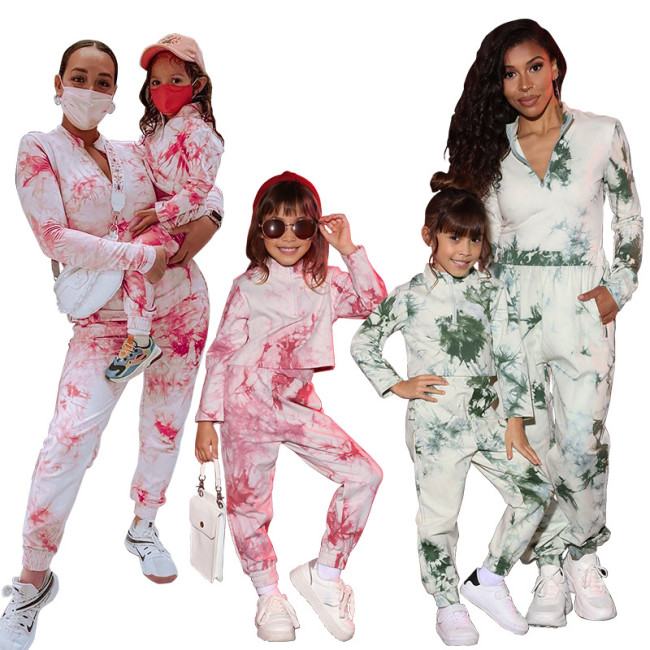 (ebay price：$31.91)Fall Winter Long Sleeve Tie-dyed Print Pockets Zipper Mother Daughter Outfits