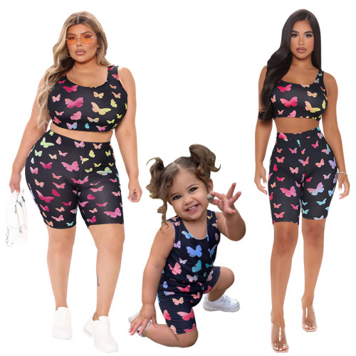 (ebay price：$17.22)Mother Daughter Matching Butterfly Print Sleeveless Vest+Short Pants Outfits 2pc