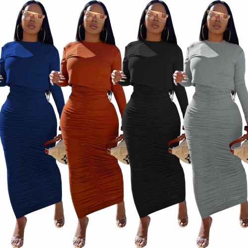 (ebay price：$25.93)Autumn women's clothing solid color long-sleeved round neck pullover skirt suit