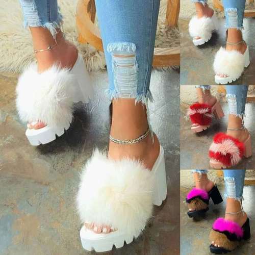 (ebay price:$21.84)Women's ladies fashion casual home fluffy high heel slippers sandals