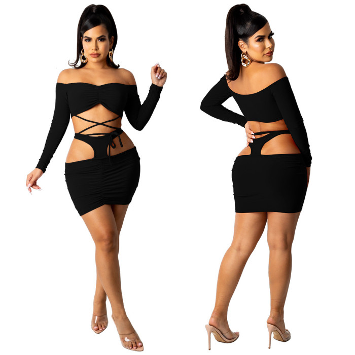 (ebay price：$21.39)Sexy Women Boat Neck Long Sleeve Tie-up Hollow Out Solid Color Skirt Set 2pcs