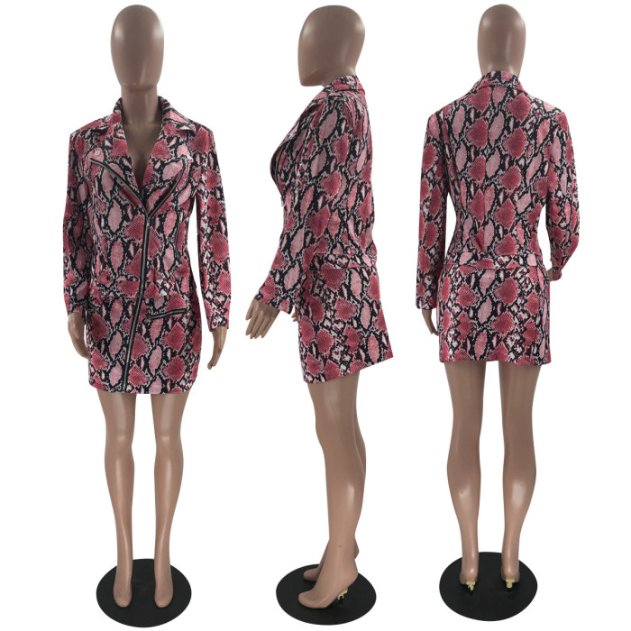 (ebay price：$31.36)Fashion Women Tailored Collar Long Sleeve Snakeskin Print Zipper Short Dress 2pc