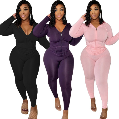 (ebay price：$29.72)Plus Size Women Hooded Long Sleeve Zipper Pockets Coat Solid Outfits Two Piece