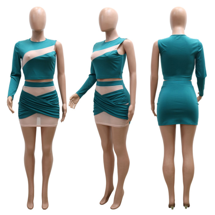 (ebay price：$19.55)Women One Shoulder Mesh Patchwork Bodycon Club Party Casual Mini Dress 2 Piece