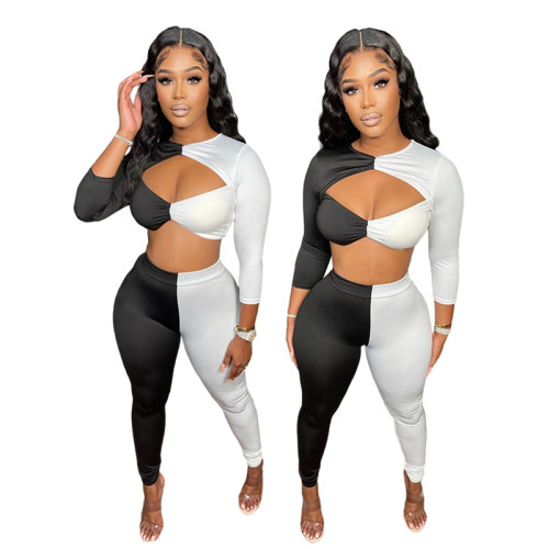 (ebay price：$23.16)Sexy Women Long Sleeve Hollow Out Crop Top Color Block Bodycon Outfits 2pcs