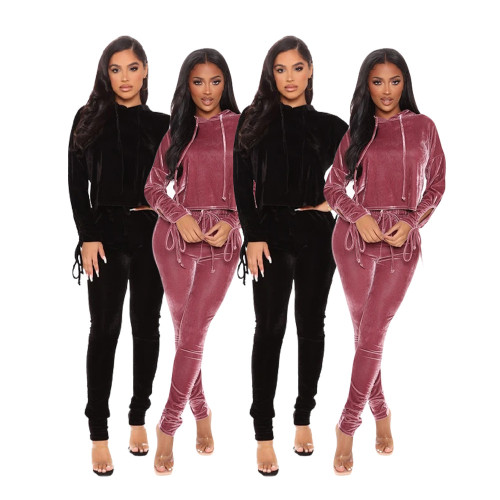 (ebay price：$30.07)Fashion Women Hooded Tie-sleeve Solid Color Velvet Long Ruched Pants Set 2pcs