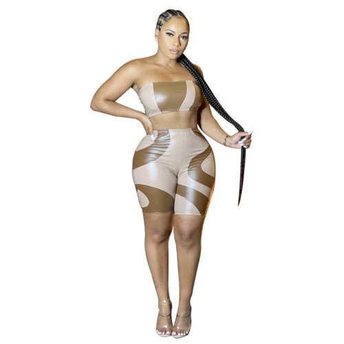 (ebay price：$20.17)S-5XL Womens Sexy Strapless Crop Top Color Block PU Bodycon Pants Set 2pcs