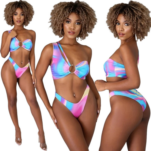 (ebay price：$19.27)Women Sexy One Shoulder Sleeveless Colorful Print Two-piece Bikini Swimwear