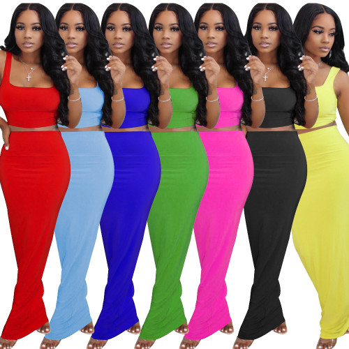 (ebay price：$23.48)Women Solid Color Sleeveless Vest+Long Skirt Set Sexy Dress 2pcs