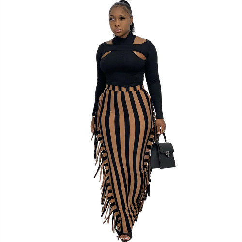 (ebay price：$19.88)Women's fringe striped print tight skirt