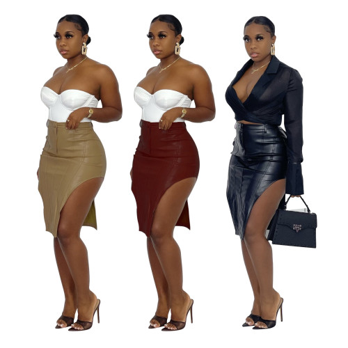 (ebay price：$22.24)Women Sexy Solid Color PU Side Slit Pencil Skirt