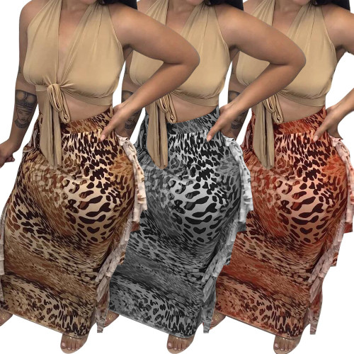 (ebay price：$22.69)Women Elastic Waist Leopard Print Tassels Pencil Dress