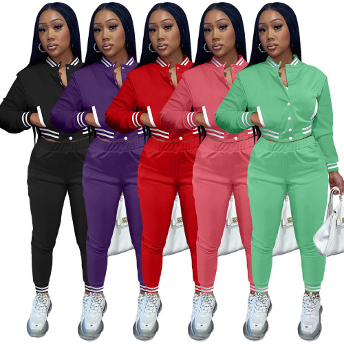 (ebay price：$33.21)Women's single-breasted button solid color baseball uniform jacket suit