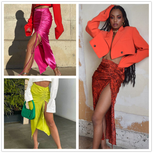 (ebay price：$19.59)Women Fashion Sexy Solid Color Drawstring High Slit Irregular Skirt