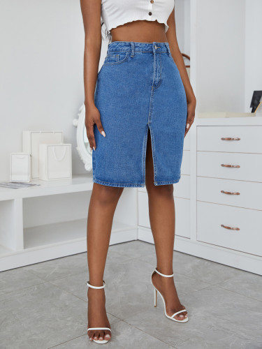 (ebay price：$23.21)Women's High Waist Fashion Slit Hips Denim Skirt